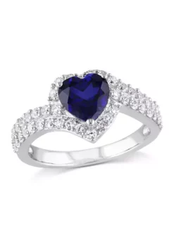 Top 10 🔔 Lab Created Created Blue and Created White Sapphire Heart Halo Double Row Ring in Sterling Silver by Belk & Co. 🥰