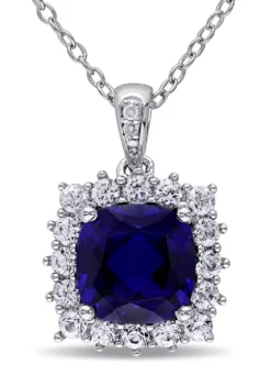 Top 10 ๐คฉ Lab Created 3.73 ct. t.g.w. Created Blue and Created White Sapphire and Diamond Accent Halo Pendant with Chain in Sterling Silver by Belk & Co. ๐