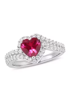 Best Pirce 😀 Lab Created 2 1/2 CT TGW Created White Sapphire and Created Ruby Heart Halo Engagement Ring in Sterling Silver by Belk & Co. 🎁
