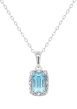 Deals ๐คฉ Sterling Silver 6x4mm Emerald Cut Blue Topaz Diamond Accent Halo Pendant Necklace by Belk & Co. ๐คฉ