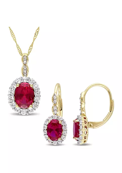 Brand new ✔️ 2-Piece Set Created Ruby, White Topaz and Diamond Accent Vintage Necklace and Earrings in 14k Yellow Gold by Belk & Co. 🎁 1 Brand new ✔️ 2-Piece Set Created Ruby, White Topaz and Diamond Accent Vintage Necklace and Earrings in 14k Yellow Gold by Belk & Co. 🎁