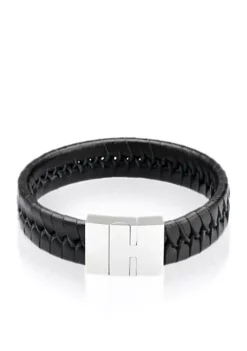 Buy ⭐ Men's Stainless Steel Black Leather Bracelet by Belk & Co. 🔥