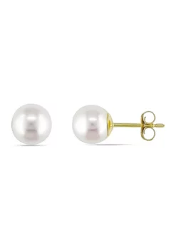 Discount 😀 Round Cultured Freshwater White Pearl Stud Earrings in 14k Yellow Gold by Belk & Co. 👍