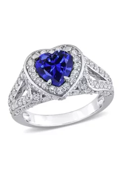 Flash Sale ⭐ Lab Created 4 3/8 CT TGW Created Blue and Created White Sapphire Heart Halo Split Shank Ring in Sterling Silver by Belk & Co. 🌟
