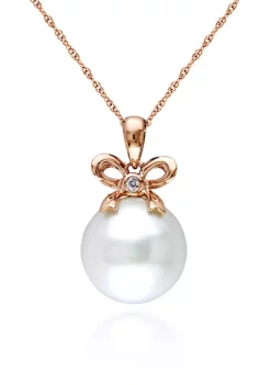 New ๐ฏ 10 Rose Gold Cultured Freshwater Pearl and Diamond Bow Pendant by Belk & Co. ๐งจ