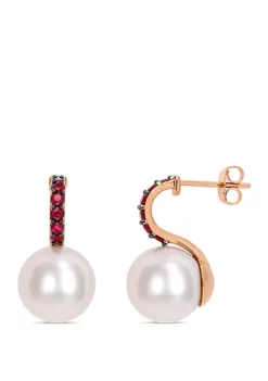 Buy ๐ Freshwater Cultured Pearl and Ruby Drop Earrings in 10k Rose Gold by Belk & Co. โจ