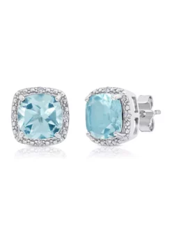 Buy 🥰 7 Millimeter Cushion Cut Blue Topaz and Diamond Accent Halo Stud Earrings in Sterling Silver by Belk & Co. 🔥
