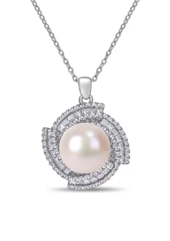 Cheapest 😍 12-12.5 MM Cultured Freshwater Pearl and Cubic Zirconia Geometric Necklace in Sterling Silver by Belk & Co. ⭐