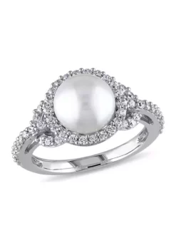 Flash Sale ✔️ 8.5 - 9 MM White Cultured Freshwater Pearl and Cubic Zirconia Halo Ring in Sterling Silver by Belk & Co. 🎉