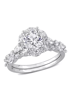 Discount ❤️ Lab Created Created White Sapphire and Diamond Accent Halo Floral Design Bridal Ring Set in 10k White Gold by Belk & Co. 👏
