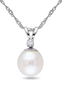 Best Sale ✨ 7-7.5mm Cultured Freshwater Pearl and Diamond Accent Pendant with Chain in 14k White Gold by Belk & Co. 💯