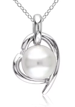 Best Pirce ⌛ 8.5-9MM Cultured Freshwater Pearl and Diamond Heart Necklace in Sterling Silver by Belk & Co. 🥰