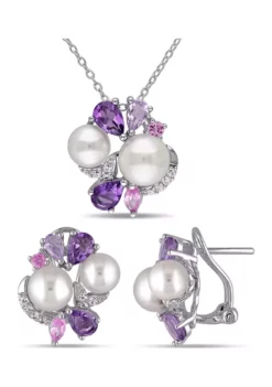 Coupon 🤩 2 -Pc Set Of 4 CT TGW Created White and Pink Sapphire, Amethyst, Rose de France and Cultured Freshwater Pearl Cluster Earrings and Pendant With Chain in Sterling Silver by Belk & Co. 🛒