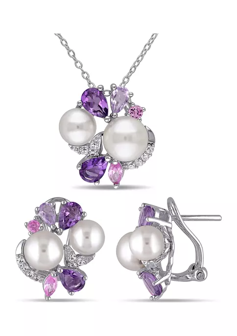 Coupon 🤩 2 -Pc Set Of 4 CT TGW Created White and Pink Sapphire, Amethyst, Rose de France and Cultured Freshwater Pearl Cluster Earrings and Pendant With Chain in Sterling Silver by Belk & Co. 🛒 1 Coupon 🤩 2 -Pc Set Of 4 CT TGW Created White and Pink Sapphire, Amethyst, Rose de France and Cultured Freshwater Pearl Cluster Earrings and Pendant With Chain in Sterling Silver by Belk & Co. 🛒