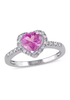 Hot Sale 🌟 Lab Created 1/10 CT TW Diamond and Created Pink Sapphire Heart Halo Ring in Sterling Silver by Belk & Co. 👏