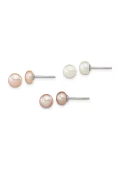 Coupon 🤩 Sterling Silver Rhodium-plated 6-7mm Set of 3 White / Purple / Pink Button Freshwater Cultured Pearl Earrings by Belk & Co. 🌟