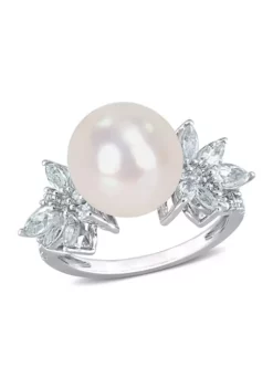 Discount 🎉 11-12 Millimeter Cultured Freshwater Pearl and 1.2 Aquamarine and 1/10 ct. t.w. Diamond Flower Ring in Sterling Silver by Belk & Co. 🧨 -DealsBelk & Co. Store Belk 15496