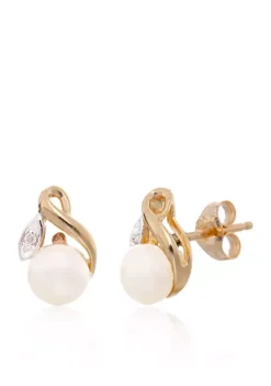 Best Sale 👏 Freshwater Pearl and Diamond Flower Stud Earrings in 10K Yellow Gold by Belk & Co. 🎉