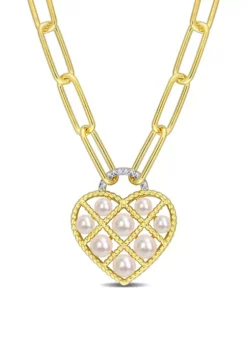 Flash Sale 😉 Freshwater Cultured Pearl & Diamond Accent Heart Paperclip Chain Link Necklace in Yellow Plated Sterling Silver by Belk & Co. ⌛ -DealsBelk & Co. Store Belk 15531