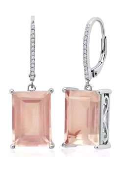 Hot Sale 😉 Emerald Cut Rose Quartz Dangle White Topaz Detail Leverback Earrings in Sterling Silver (14x10mm) by Belk & Co. 👏