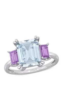 Budget 🥰 3 ct. t.w Aquamarine and 2/5 ct. t.w. Pink Amethyst 3-Stone Ring in Sterling Silver by Belk & Co. ⌛