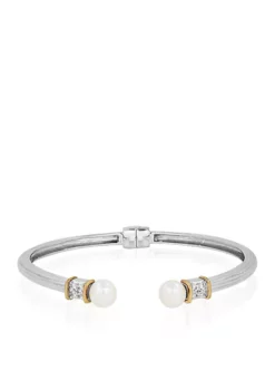 Best reviews of ❤️ Freshwater Pearl & White Topaz Bangle in Sterling Silver & 14K Yellow Gold by Belk & Co. 🔥