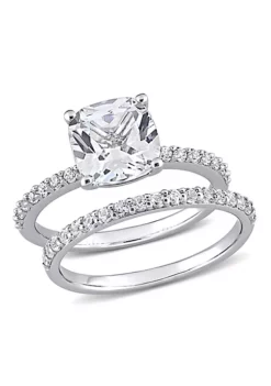 Outlet ๐ Lab Created Cushion Cut Created White Sapphire Engagement Ring and Matching Eternity Ring 2pc Set in 10K White Gold by Belk & Co. ๐