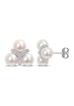 Flash Sale 💯 6-6.5mm Freshwater Cultured Pearl and 1/5 CT TGW White Topaz Floral Stud Earrings in Sterling Silver by Belk & Co. 🤩 -DealsBelk & Co. Store Belk 16186