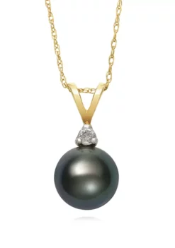 Brand new ๐ 8-9 Millimeter Genuine Tahitian Black Pearl and 1/10 ct. t.w. Diamond Pendant with Chain in 14K Yellow Gold by Belk & Co. ๐