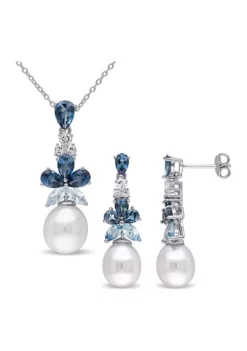 Coupon 🔔 2-PIECE SET OF LONDON, SKY BLUE AND WHITE TOPAZ AND 8.5 - 10 MM WHITE CULTURED FRESHWATER PEARL DROP EARRINGS AND PENDANT WITH CHAIN IN STERLING SILVER by Belk & Co. 🥰 -DealsBelk & Co. Store Belk 16242