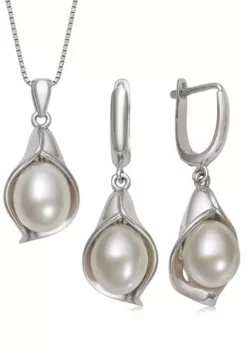 Best deal ✔️ 8-9 Millimeter Cultured Freshwater Pearl Tulip Earrings and Pendant with 18 Inch Box Chain in Sterling Silver Set by Belk & Co. 😍