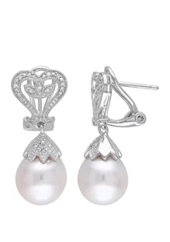 Flash Sale ⌛ Pearl and 1/10 ct. t.w. Diamond Accent Heart Earrings in Sterling Silver by Belk & Co. 👏