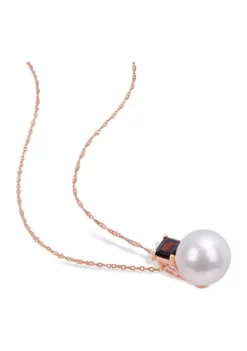Coupon ❤️ 11-12mm Cultured Freshwater Pearl and 3/4 CT TGW Baguette Garnet Stud Pendant with Chain in 10k Rose Gold by Belk & Co. 🤩 -DealsBelk & Co. Store Belk 16439