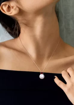 Coupon ❤️ 11-12mm Cultured Freshwater Pearl and 3/4 CT TGW Baguette Garnet Stud Pendant with Chain in 10k Rose Gold by Belk & Co. 🤩 -DealsBelk & Co. Store Belk 16440