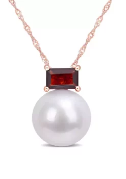 Coupon ❤️ 11-12mm Cultured Freshwater Pearl and 3/4 CT TGW Baguette Garnet Stud Pendant with Chain in 10k Rose Gold by Belk & Co. 🤩 -DealsBelk & Co. Store Belk 16442