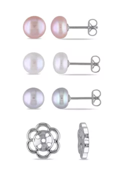Buy 🎁 8-9 Millimeter Freshwater Cultured Pearl Stud Earrings 3-Piece interchangeable Set and 1 Flower Jacket in Sterling Silver by Belk & Co. ✔️ -DealsBelk & Co. Store Belk 16491