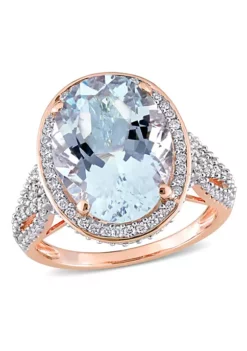 Deals 🤩 30.7 ct. t.g.w. Aquamarine and 7/8 ct. t.w. Diamond Halo Cocktail Ring in 14K Rose Gold by Belk & Co. 👏