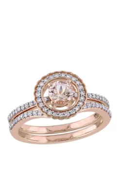 Deals 💯 2 Piece 1/2 ct. t.w. Morganite and 1/3 ct. t.w. Diamond Halo Interlocking Bridal Ring Set in 10k Rose Gold by Belk & Co. 🔥