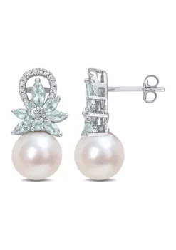 New 👏 9-9.5mm Cultured Freshwater Pearl and Aquamarine and 1/8 CT TW Diamond Flower Drop Earrings in 14k White Gold by Belk & Co. 🛒