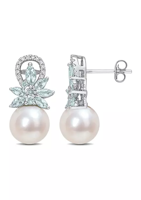 New 👏 9-9.5mm Cultured Freshwater Pearl and Aquamarine and 1/8 CT TW Diamond Flower Drop Earrings in 14k White Gold by Belk & Co. 🛒 1 New 👏 9-9.5mm Cultured Freshwater Pearl and Aquamarine and 1/8 CT TW Diamond Flower Drop Earrings in 14k White Gold by Belk & Co. 🛒