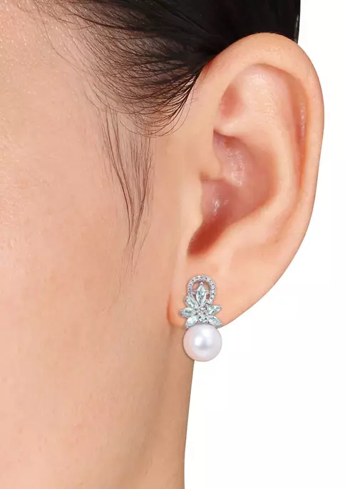 New 👏 9-9.5mm Cultured Freshwater Pearl and Aquamarine and 1/8 CT TW Diamond Flower Drop Earrings in 14k White Gold by Belk & Co. 🛒 2 New 👏 9-9.5mm Cultured Freshwater Pearl and Aquamarine and 1/8 CT TW Diamond Flower Drop Earrings in 14k White Gold by Belk & Co. 🛒 - Image 2