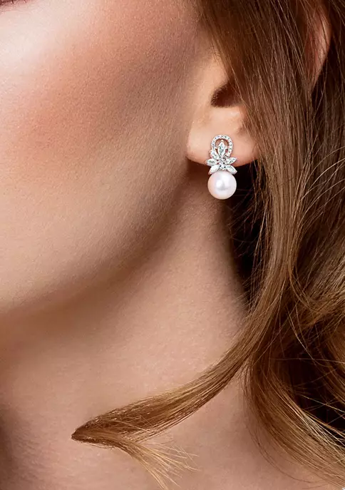New 👏 9-9.5mm Cultured Freshwater Pearl and Aquamarine and 1/8 CT TW Diamond Flower Drop Earrings in 14k White Gold by Belk & Co. 🛒 4 New 👏 9-9.5mm Cultured Freshwater Pearl and Aquamarine and 1/8 CT TW Diamond Flower Drop Earrings in 14k White Gold by Belk & Co. 🛒 - Image 4