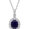 Wholesale ✔️ Created Blue Sapphire, White Topaz and Diamond Accent Oval Vintage Pendant With Chain in 14k White Gold by Belk & Co. 🤩