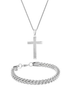 Wholesale 😉 Stainless Steel Cross Pendant and 6 Millimeter Foxtail Chain Bracelet in a Box Set by Belk & Co. 🎉