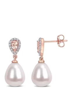 Deals 🥰 Pearl, Morganite 1/2 ct. t.w. and 1/7 ct. t.w. Diamond Drop Earrings in 10K Rose Gold by Belk & Co. 👍