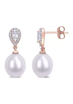 Outlet 🌟 9-9.5 Millimeter Freshwater Cultured Pearl, White Topaz and 1/7 ct. t.w. Diamond Dangle Earrings in 10k Rose Gold by Belk & Co. ❤️