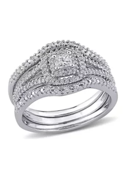 Promo ⭐ 1/2 CT TW Princess Cut and Round Diamond Halo Split Shank Bridal Set in Sterling Silver by Belk & Co. ⌛