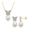 Best Sale 👏 1/4 CT TW Diamond with 8.5-9 & 9-10mm White Freshwater Cultured Pearl Drop Butterfly Earrings and Pendant Set in 10k Yellow Gold by Belk & Co. ✔️