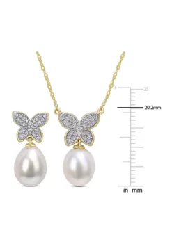 Best Sale 👏 1/4 CT TW Diamond with 8.5-9 & 9-10mm White Freshwater Cultured Pearl Drop Butterfly Earrings and Pendant Set in 10k Yellow Gold by Belk & Co. ✔️ -DealsBelk & Co. Store Belk 16870