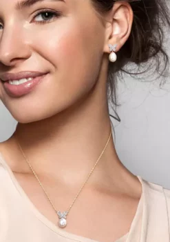 Best Sale 👏 1/4 CT TW Diamond with 8.5-9 & 9-10mm White Freshwater Cultured Pearl Drop Butterfly Earrings and Pendant Set in 10k Yellow Gold by Belk & Co. ✔️ -DealsBelk & Co. Store Belk 16871
